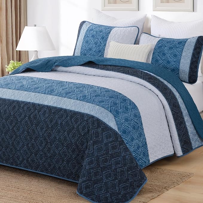 Cottolester Navy Blue Quilt Set Queen,Striped Plaid Bedspread Coverlet Set | Ultra Soft Lightweight Coverlets Set with 2 Pillowshams for Men Women,Microfiber Quilt Bedding Sets for All Seasons 110"x90"