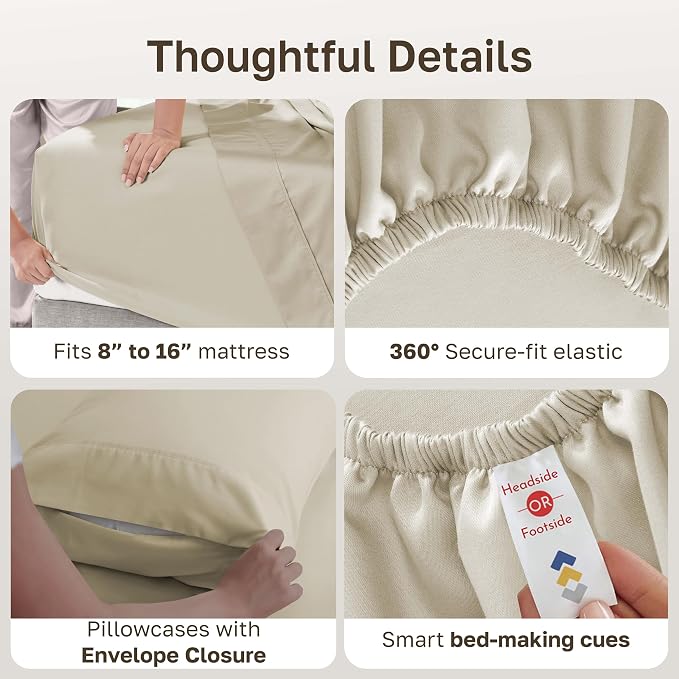 California Design Den Soft 100% Cotton Queen Fitted Sheet Set, 6 Pcs, Beige | 6 Pcs with 4 Pillowcases, 400 Thread Count Backed by Good Housekeeping Seal, 16" Deep Pocket, All-Around Elastic, Durable