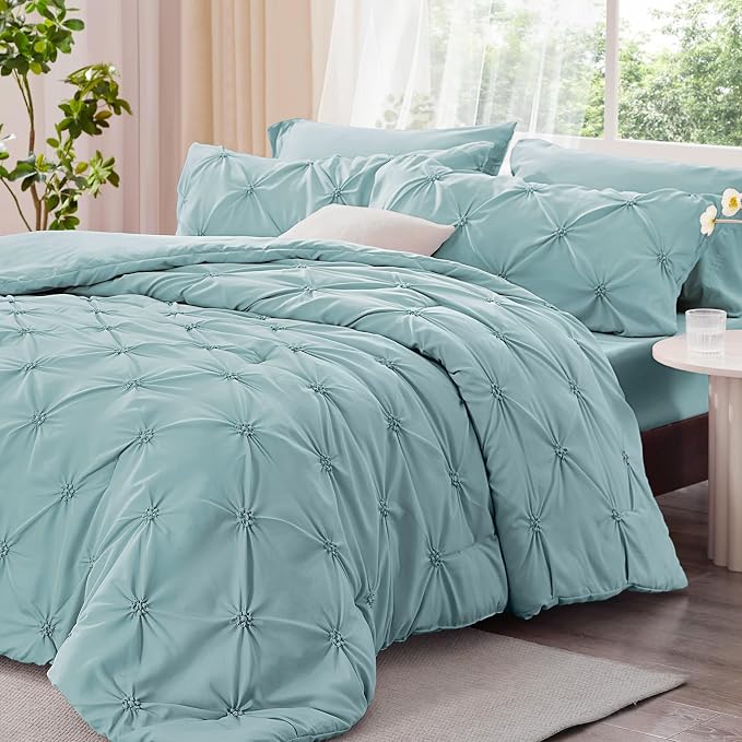 BEDELITE King Comforter Set Dusty Blue,Lightweight & Soft Comforter | Pintuck Boho Bedding, Warm & Cute Bed Set for All Season,With 2 Pillowcases