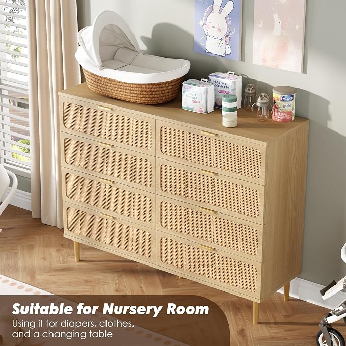 GarveeHome Rattan 8 Drawer Dressers for Bedroom, Deep Drawer, Natural | Tall Dresser, Wide Top, for Living Room, Hallway, Kids Room, Large Chest of Drawers for Closet, Long Wooden Dresser