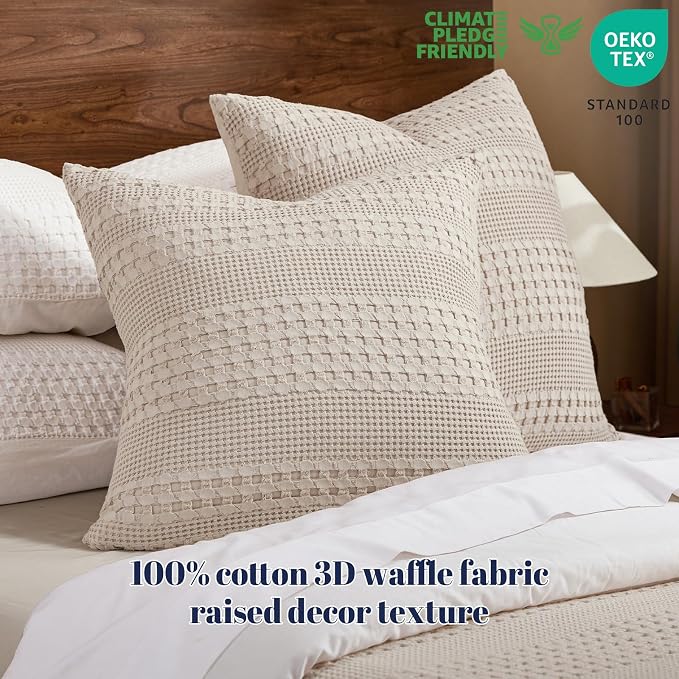 PHF 100% Cotton Waffle Weave Euro Sham Covers, 2 Pack 26" x 26" Bed Pillow Covers for Elegant Home Decor, No Filling, Luxury Aesthetic Soft Euro Pillow Cases for Bed, Oatmeal