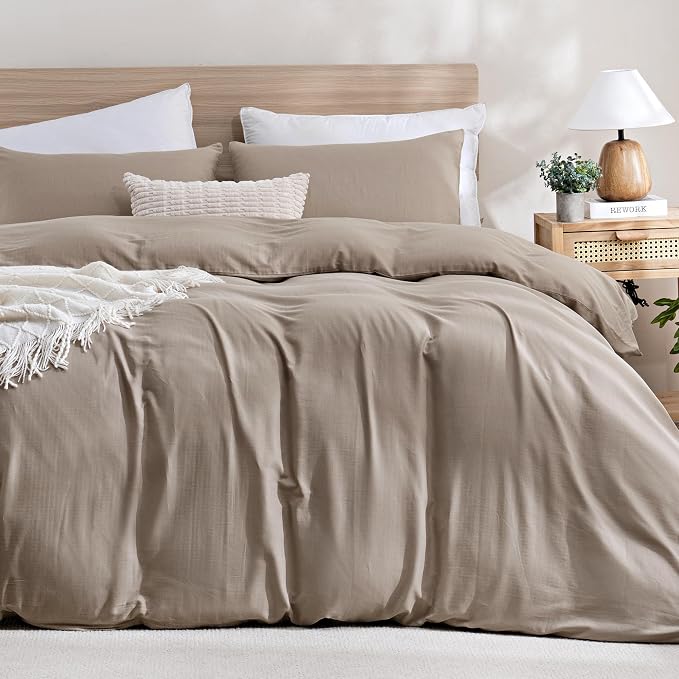 TOCOMOA 100% Muslin Cotton Duvet Cover Set, Taupe, Queen | Linen-Like Texture. Ultra Soft, Breathable, Comfy & Lightweight Fall Bedding Set with Zipper & 8 Ties. 3 Pcs, No Insert