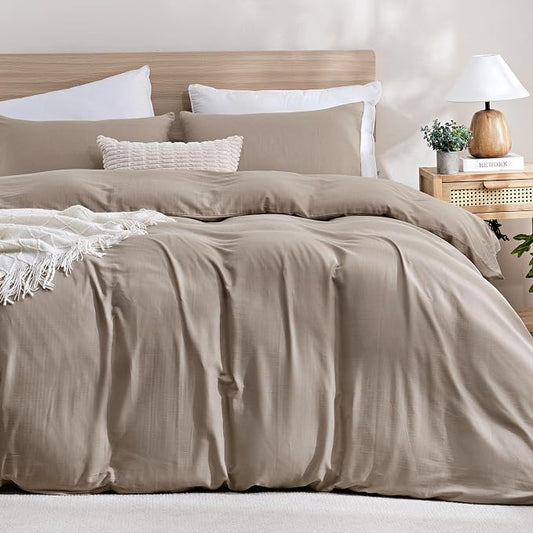TOCOMOA 100% Muslin Cotton Duvet Cover Set, Taupe, Queen | Linen-Like Texture. Ultra Soft, Breathable, Comfy & Lightweight Fall Bedding Set with Zipper & 8 Ties. 3 Pcs, No Insert