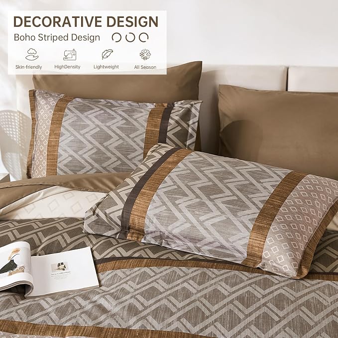Cottolester Boho King Comforter Set,Khaki and Brown Striped Bed in a Bag | Fall Plaid Bed Set,Soft Microfiber Complete Bedding Sets