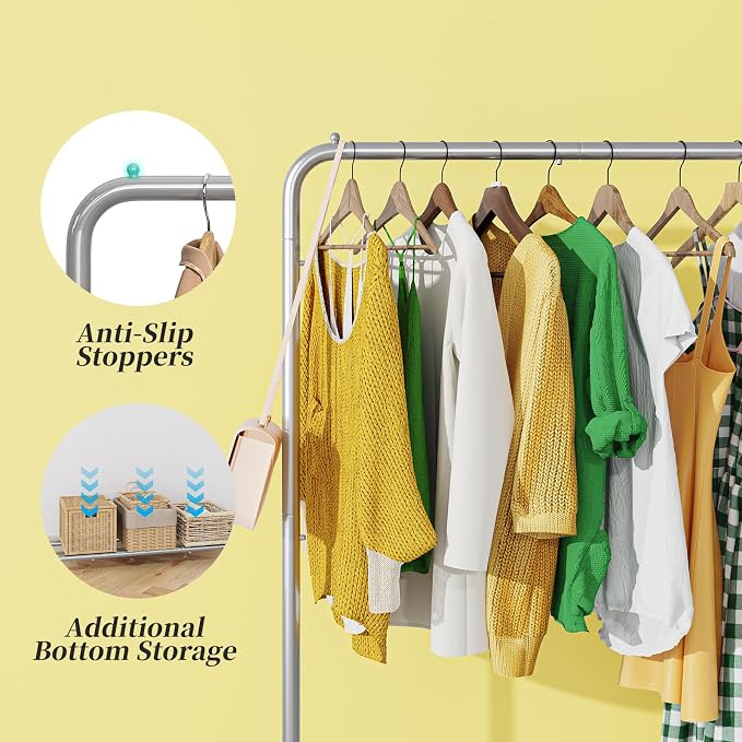 Simple Trending Clothes Clothing Garment Rack, Clothes Organizer, Silver | Storage Shelves, 360° Lockable Wheels, Anti-Slip Stoppers, Bedroom, Laundry Room