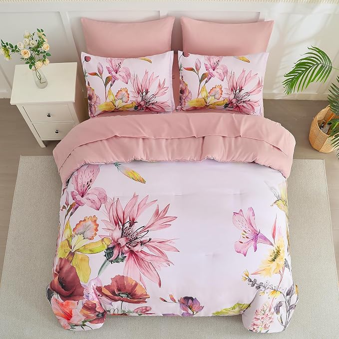 Yogeneg Queen Comforter Set 7 Piece Bed in a Bag,Elegant Floral Botanical Pattern Pink Bedding Set,Soft Microfiber Comforter with Sheet Set,All Season Bed Set(Blush Floral,Queen)