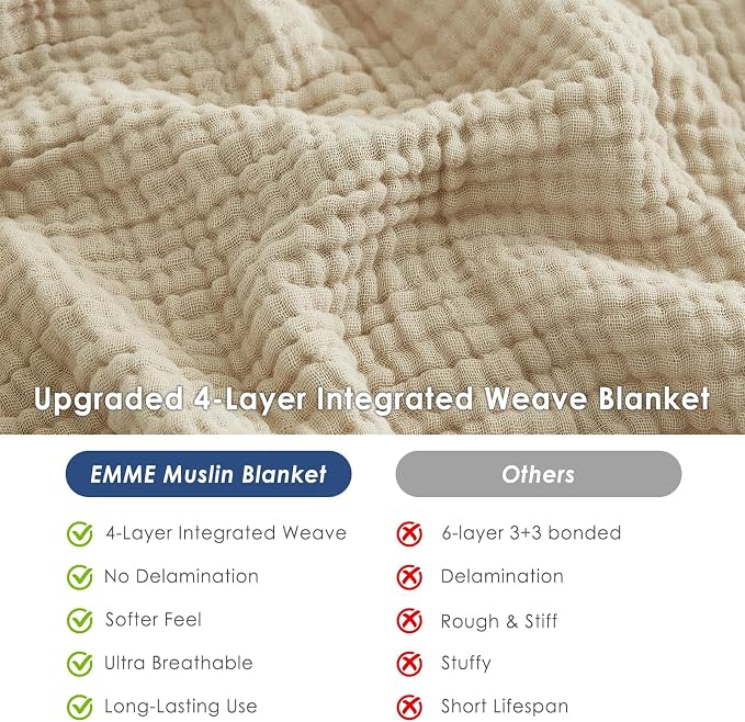 EMME Muslin Blankets for Adults Throw Blanket for Couch Breathable Gauze Soft Lightweight Airy Beige Throw XL 50" x 71"