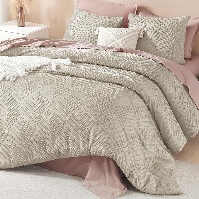 Litanika Super King Plus Comforter Set, 3 Pcs Tufted Boho Bedding Set | Oatmeal Farmhouse Shabby Chic Vintage Bohemian Textured Aesthetic Soft Fluffy Lightweight Breathable All Season Bed Set