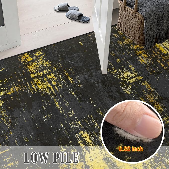 2x5 Washable Runner Rug：Modern Abstract Soft Carpet Black Gold | For Hallway, Bedroom, Kitchen, Laundry, Bathroom,Door Mat,Modern Abstract,Machine washable,Non-Slip,Stain Resistant,Indoor