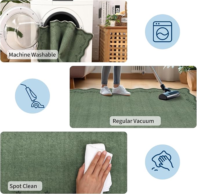 GarveeHome 6x9 Scalloped Area Rug Soft Washable Rug for Living Room Bedroom | Soft Green Low Pile Non Slip Accent Floor Mat Solid Print Throw Rug Indoor Carpet for Dining Room Dorm Playroom