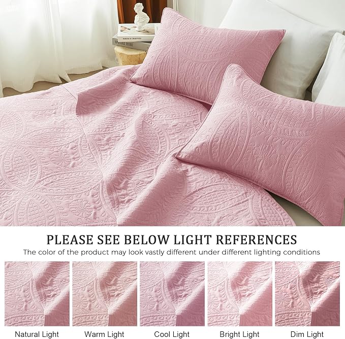 akkialla King/Cal King Quilt Set,Pink Lightweight Bedspread with Coin Pattern, Soft Microfiber Coverlet for All Seasons, Breathable and Skin-Friendly Fabric (1 Quilt, 2 Pillow Shams)