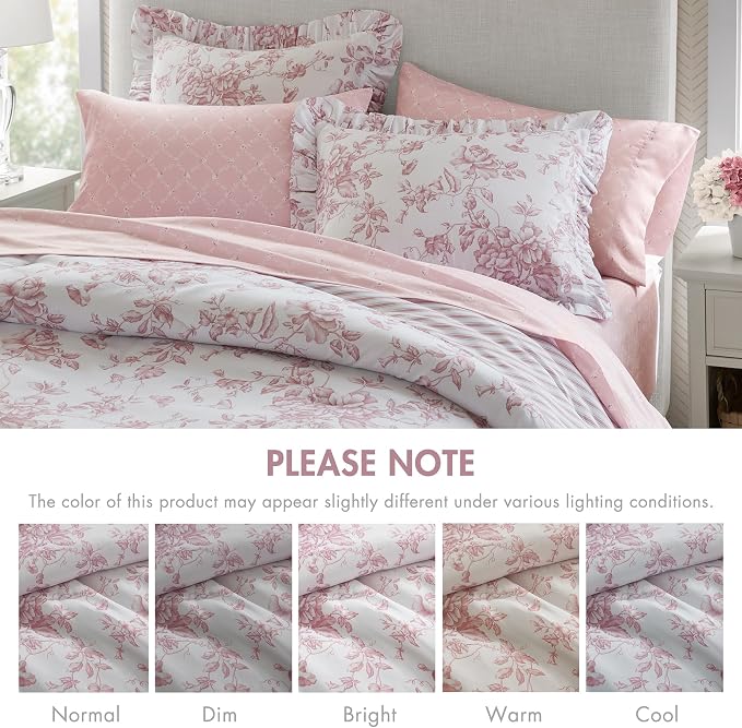 Madison Park Essentials Pink Floral Comforter Set with Sheets King,7pc | Vintage, Ruffle Bed in a Bag, Reversible, Elegant Bedding Set, All Season, Machine Washable, Wrinkle Resistant, Ultra Soft