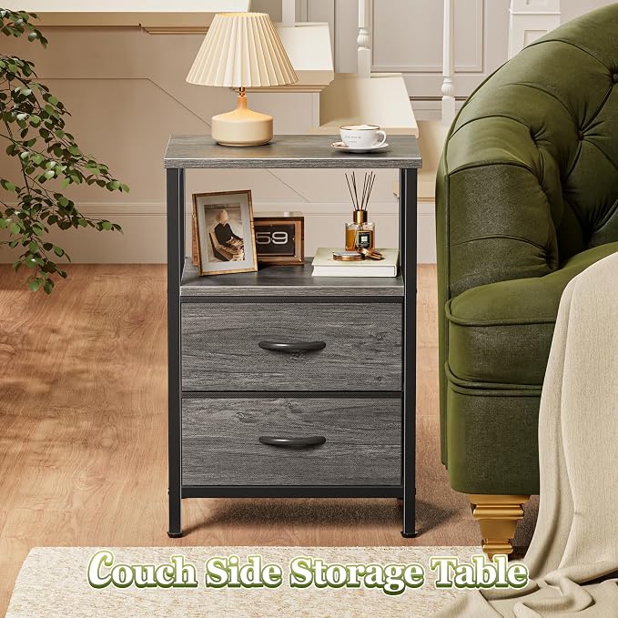 Huuger Night Stand Set of 2, Nightstand with 2 Drawers, Bedside Table | Open Shelf, Wooden Top, End Table, Fabric Drawer, for Bedroom, Living Room, Gery