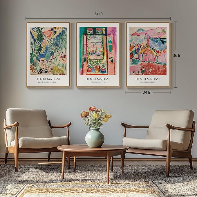Large Framed Matisse Wall Art for Living room, 3 Piece Colorful Abstract Canvas Artwork for Walls, Retro Vintage Big Matisse Famous Landscape Paintings Prints Pictures for Hallway Home Office 24x36