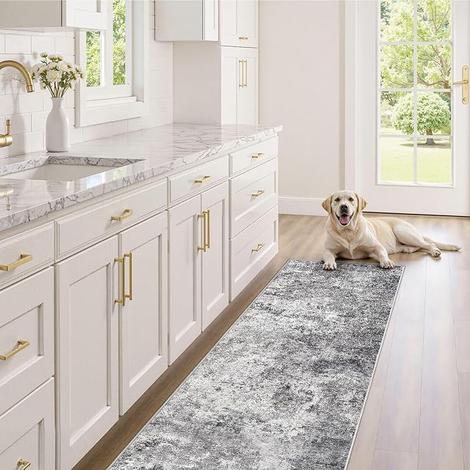 UERMEI 2x6 Washable Runner Rug for Hallway, Non Slip Low Pile Kitchen Carpet, Neutral Modern Abstract Indoor Floor Mat for Entryway Laundry, Kid & Pet Safe High Traffic Area, Grey