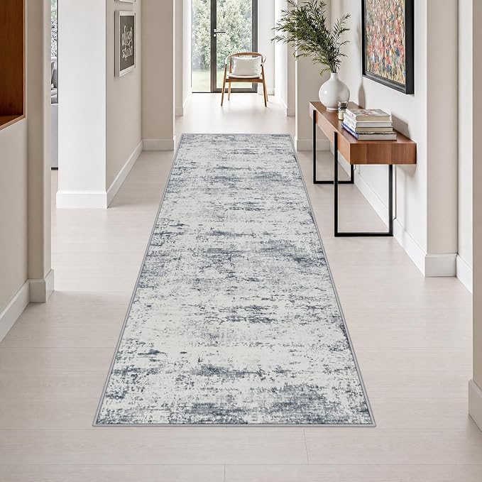3x10 Washable Runner Rug：Modern Abstract Soft Carpet Blue Grey | For Hallway, Bedroom, Kitchen, Laundry, Bathroom,Door Mat,Modern Abstract,Machine washable,Non-Slip,Stain Resistant,Indoor