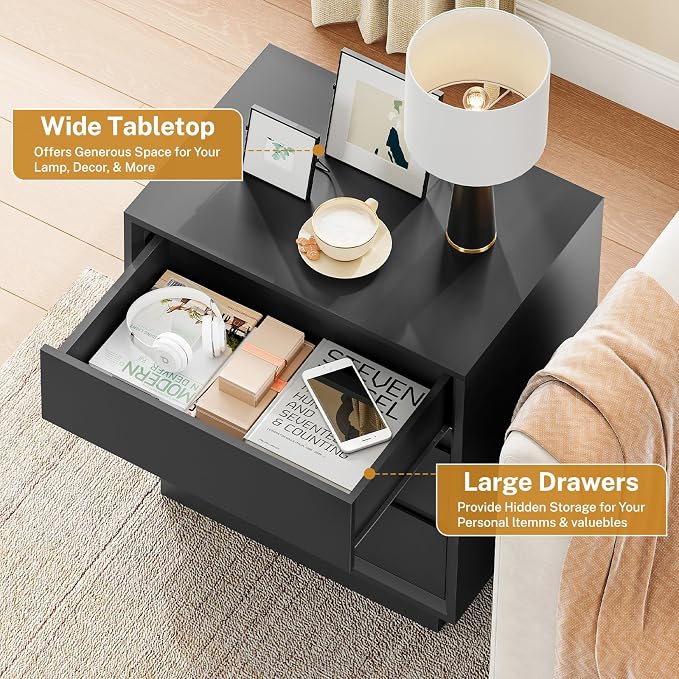 TEENFON Nightstands Set of 2, Night Stand with 3 Drawers, Nightstand Side Table with Cut-Out Handle, Bedside End Table for Bedroom, Black, 17.7″ L × 15.7″ W × 23.6″ H
