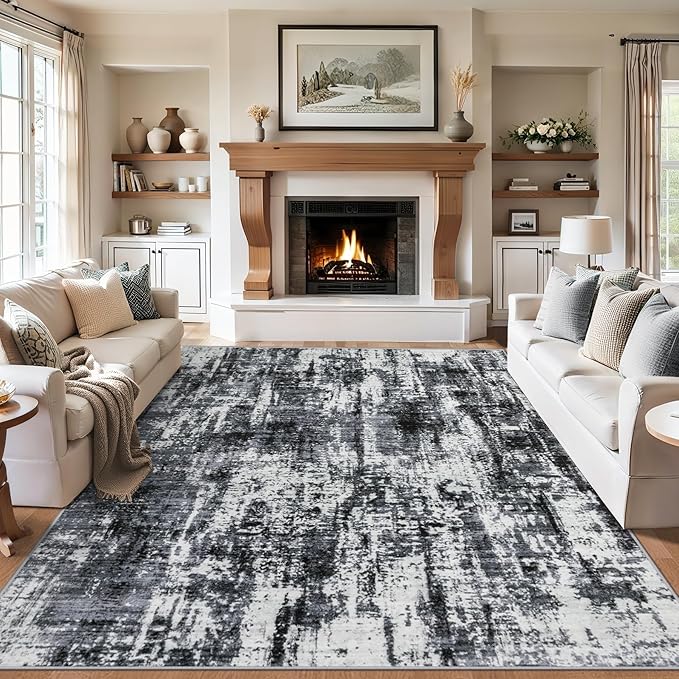 PLHXFR Area Rug Living Room: 4x6 Modern Abstract Washable Carpet Black | For Bedroom Dining Room Farmhouse Nursery Home,Machine washable,Non Slip,Large Soft Neutral,Stain Resistant, Indoor Floor