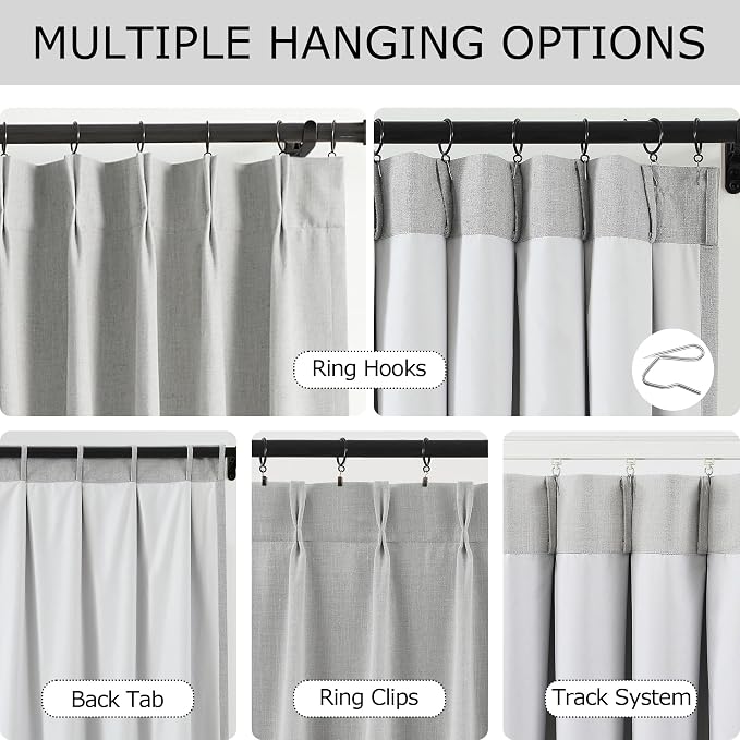 Vision Home Light Gray Pinch Pleated Full Blackout Curtains Linen Blended 60" Wide Thermal Insulated Window Panels 95 inch for Bedroom Living Room Darkening Pleat Drapes with Hooks Back Tab 60"Wx95Lx1