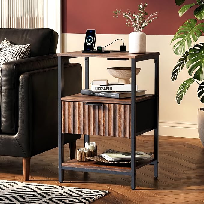 VINGLI Nightstand with Charging Station and Fabric Drawer, Walnut Nightstand Fluted with Drawer, Bedside Table/End Table with Charger Station, Side Table Bedroom, Small Night Stand Dark Walnut, 1 pc