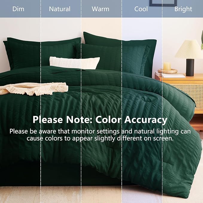 Twin Comforter Set, 5 Pieces Emerald Green Seersucker Bed in a Bag | OEKO-TEX Certified, All Season Bedding Sets with 240 GSM Down Alternative Comforter, Flat & Fitted Sheets, Pillowcase & Sham