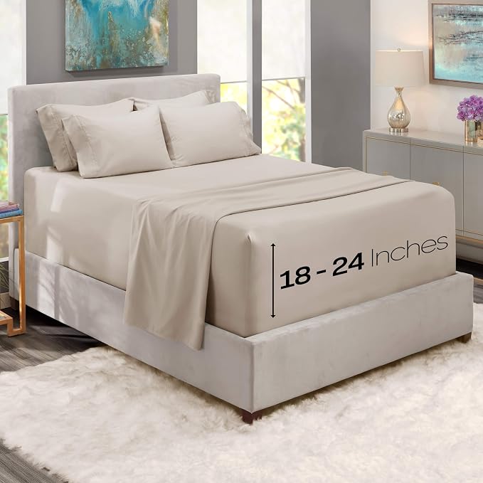 Hearth & Harbor Bed Sheets, Luxury Soft 6 Piece Bed Sheet Set Extra Deep Pocket Fitted Sheets Fits Mattress up to 21", Double Brushed Bedding Sheets & Pillowcases, Full, Natrual Linen