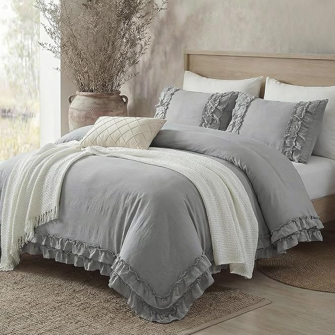 Bedorm Gray King Duvet Cover Set Ruffle Bedding Set Pleat Ruffled Shabby Chic Comforter Cover Extra Soft & Easy Care Gray Boho Duvet Cover with Zipper Closure