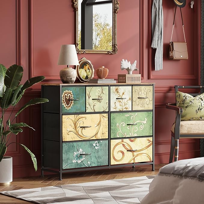 WLIVE Wide Dresser for Bedroom, 8 Drawer Chest of Drawers, Floral | 8 roomy fabric drawers, Wide storage design, Bedroom or closet use, Sturdy steel frame, Smooth wood tabletop