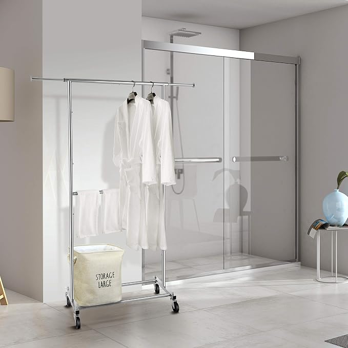 Simple Trending Clothing Garment Rack, Extensible Clothes Rack, Chrome | Double Rod Portable Closet, Adjustable Middle Rod, Bottom Shelf, Multiple Uses, 360° Wheels, Bedroom, Laundry Room