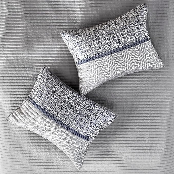 Madison Park Lustrous Jacquard Lightweight Navy Queen Quilt Set, 6pc | All Season Bedding Set, Glitter Accent Coverlet Set, Machine Washable, Cozy, Breathable, Soft, Modern, Casual