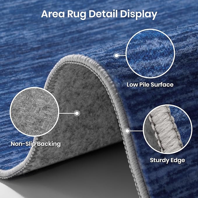 8x10 Area Rugs for Living Room, Large Washable Rug Non Slip Navy | Soft Low Pile, Thin & Lighweight Carpet, Folable Stain Resistant Modern Indoor Floor Mat for Bedroom, Dining Room, Home Decor
