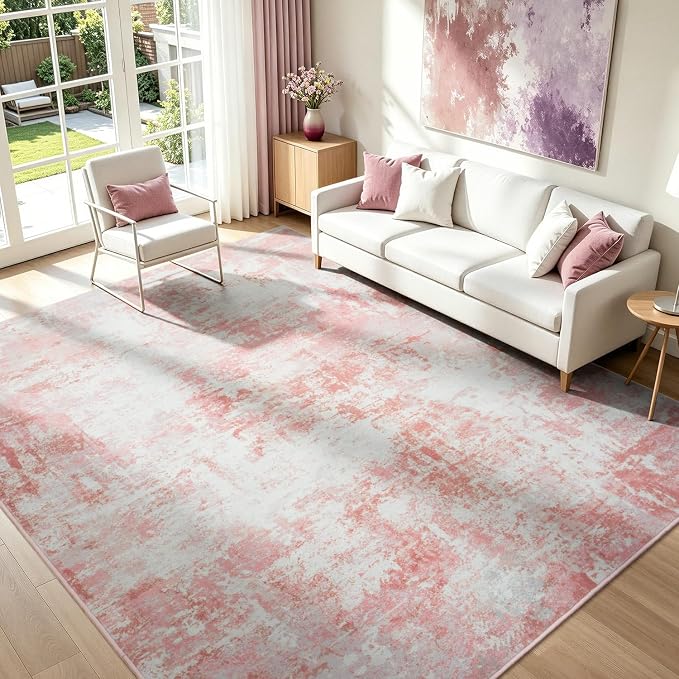 Rugflix 8x10 Area Rugs for Living Room, Washable Pink White Large Rug | Machine Washable; Stain-Resistant; Low Pile; Non-Slip; Modern Abstract; Carpet for Bedroom Dining Office Nursery Home
