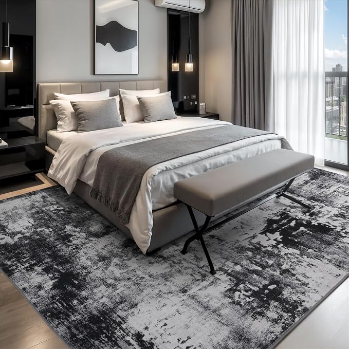 Rugflix 5x7 Area Rugs for Living Room, Washable Black Grey Dark Large Rug | Machine Washable; Stain-Resistant; Low Pile; Non-Slip; Modern Abstract; Carpet for Bedroom Dining Office Nursery Home