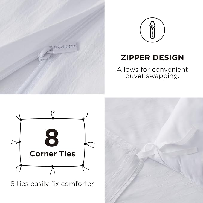 Bedsure Prewashed Duvet Cover King with Fitted Sheet, 4Pcs, Bright White | 4-Piece Set, 15-Inch Deep Pocket, Ultra Soft, Relaxed Texture, Breathable, Zipper Closure, 8 Corner Ties, Easy Care