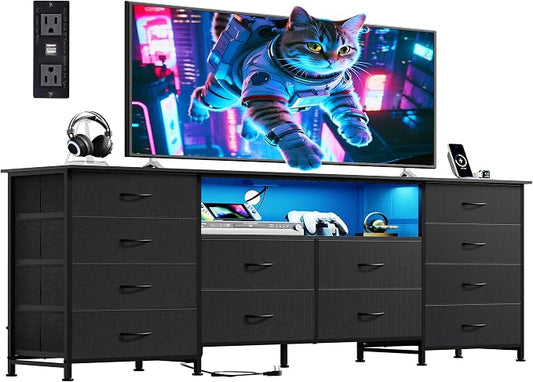 WLIVE LED Dresser TV Stand for 75 Inch TV, 12 Drawers, Black | Fits TVs up to 75 inch, 12 fabric drawers, LED chest of drawers, Built-in power outlet, Living room or bedroom