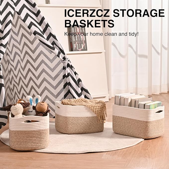 ICERZCZ Storage Baskets for Shelves, Woven Storage Basket, Bins for Cube Storage, Cotton Rope Basket with Handles for Toy, Book, and Clothes Living Room, (4 Packs) Off White & Brown