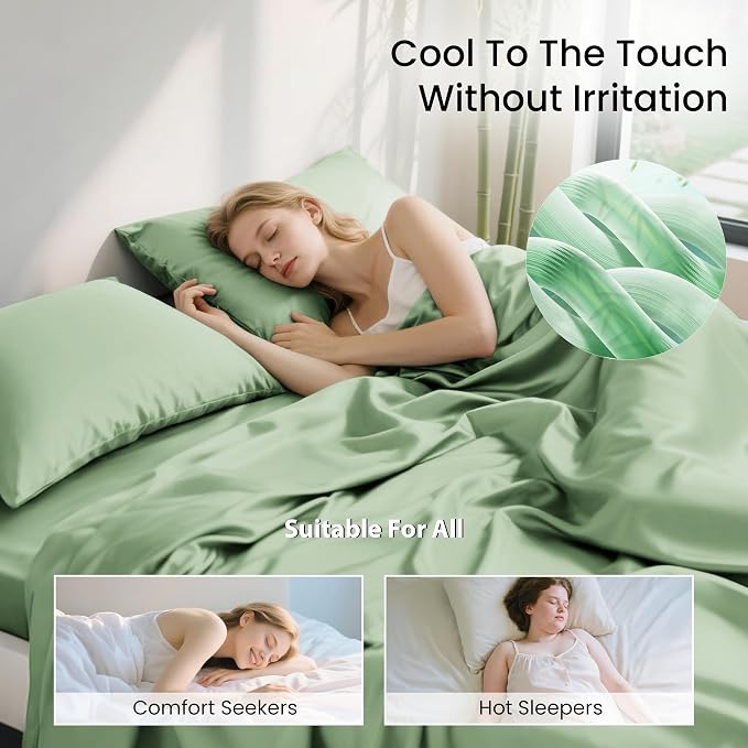 Love's cabin 3 Piece Twin Sheet Set, 100% Rayon Derived from Bamboo, Cooling & Breathable, Soft Silky Deep Pocket up to 16", Hotel Luxury Bedding for Hot Sleepers, Sage Green