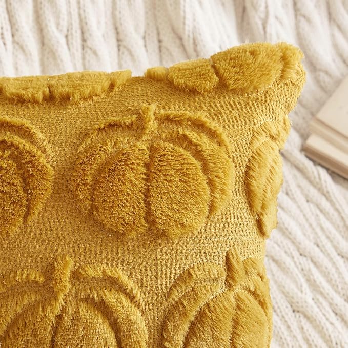 MIULEE Fall Pillow Covers Pumpkin Fall Decor 20x20 Mustard Yellow | Set of 2 Fall Decorations for Home, Plush Faux Fur Farmhouse Accent Pillowcases, Porch Sofa Couch Cushion Bed Livingroom