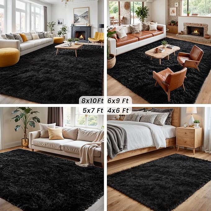 4x6 Fluffy Shag Area Rugs for Living Room Bedroom: Soft Plush Carpet Black | Upgraded Non-Slip Thick Memory Foam, Ultra Soft, Non-Shedding Fuzzy Carpet, Easy Clean Decor for Kids Room, Nursery, Playroom