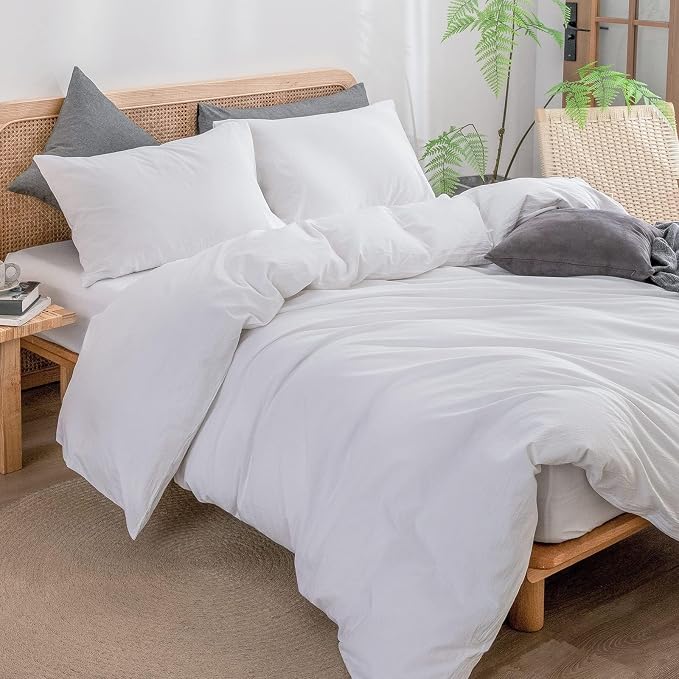 BESTOUCH Cotton Solid Duvet Cover Set Linen Feel Bright White Alaska King | 100% Washed Cotton, Soft Wrinkle Texture, Hidden Zipper, 8 Ties, Breathable Lightweight Durable Comfy, 3 Pcs No Insert