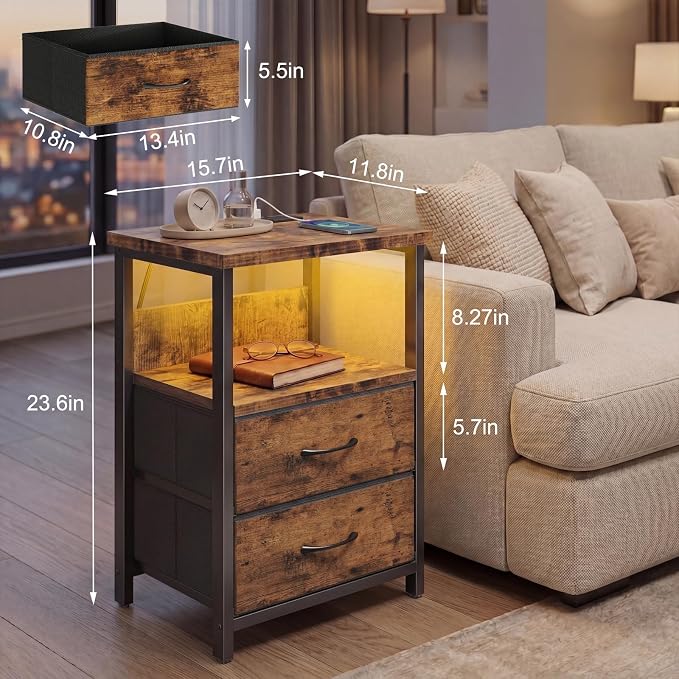 Fixwal Night Stand with Charging Station, Led Nightstand, 2 Fabric Drawers | rustic brown, built-in bedside charger, 2 AC outlets & 2 USB ports, open top shelf, small bedroom furniture, end table