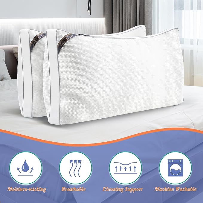 MZOIMZO Luxury Comfy Hotel Collection Bed Pillows for Sleeping- Firm Queen Size Set of 2, Gusseted Cooling Side Mesh Design with Premium Down Alternative Filling for Back, Stomach or Side Sleepers