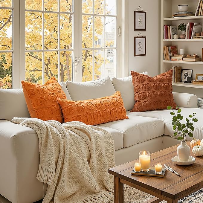 MIULEE Fall Pillow Covers Pumpkin Fall Decor 16x16 Orange | Set of 2 Fall Decorations for Home, Plush Faux Fur Farmhouse Accent Pillowcases, Porch Sofa Couch Cushion Bed Livingroom