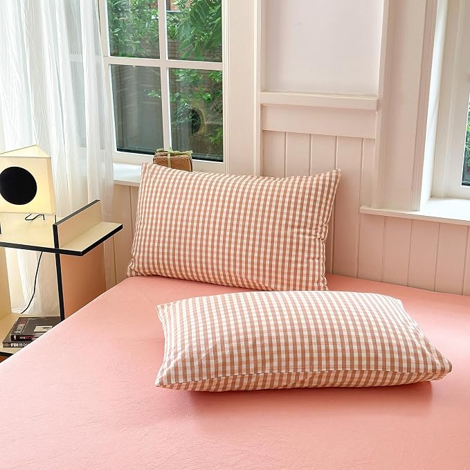 LifeTB Pink Gingham Comforter Set Full Modern Style Pink Plaid Comforter Set 3 Pieces Grid Checkered Pattern Comforter with 2 Pillowcases Fluffy Boho Farmhouse Gingham Bedding Comforter Full