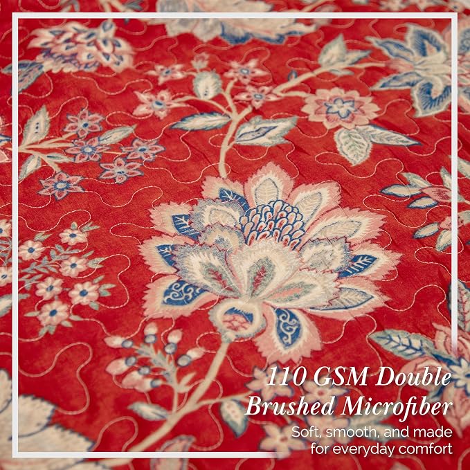 Southshore Fine Living, Inc. Oversized Quilt Bedding Set, 2-Piece Twin XL Coverlet with Matching Sham, Jacobean Willow Floral Coverlet, All Season Quilt Bedspread, Lightweight Twin Quilts, Red