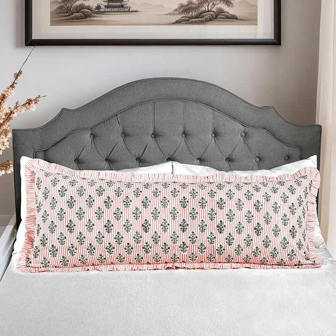 Ridhi Block Print Salmon Blossom Ruffle Lumbar Pillow Shams, 20" x 54" | 100% cotton, Floral Pillowcase, Cushion Cover, Hidden Zipper, Cottagecore Bedding, farmhouse boho style, fits couch, sofa,Bed