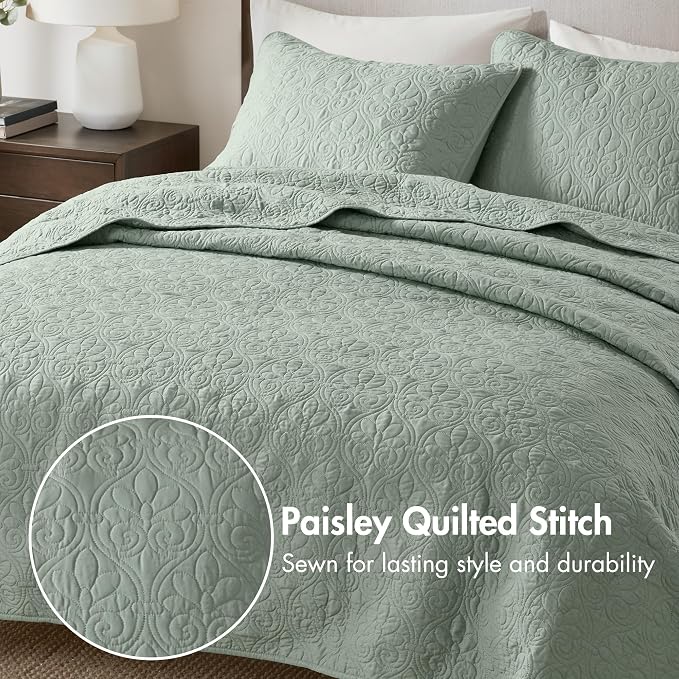 Madison Park Luxurious Cotton Damask Quilt Set, 3PC Full/Queen Bed Set | All Season, Lightweight Stitching Coverlet Bedspread Bedding Stitching with Shams, Seafoam
