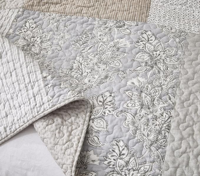 Chezmoi Collection Quinn 3-Piece Neutral Taupe Gray White Floral Hibiscus Flower Candy Stripe Patchwork Quilt Set - Pre-Washed Cotton Coverlet - Lightweight Reversible Bedspread, Super King Size