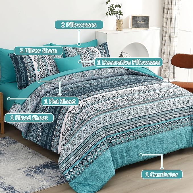 Cottolester Boho Queen Comforter Set 8 Pieces, Teal Comforter Bohemian Striped Bed in A Bag,Soft Microfiber Bedding Set for All Seasons