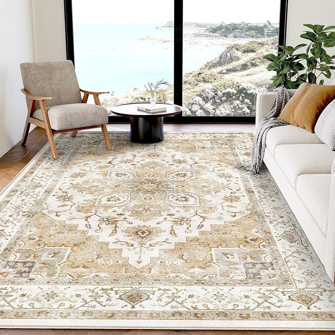 AMADA HOMEFURNISHING 5x7 Area Rugs, Washable Living Room Rug Low-Profile with Non-Slip Backing & Durable Edge Binding, Vintage 5x7 Rugs for Living Room, Bedroom, Dinning Room